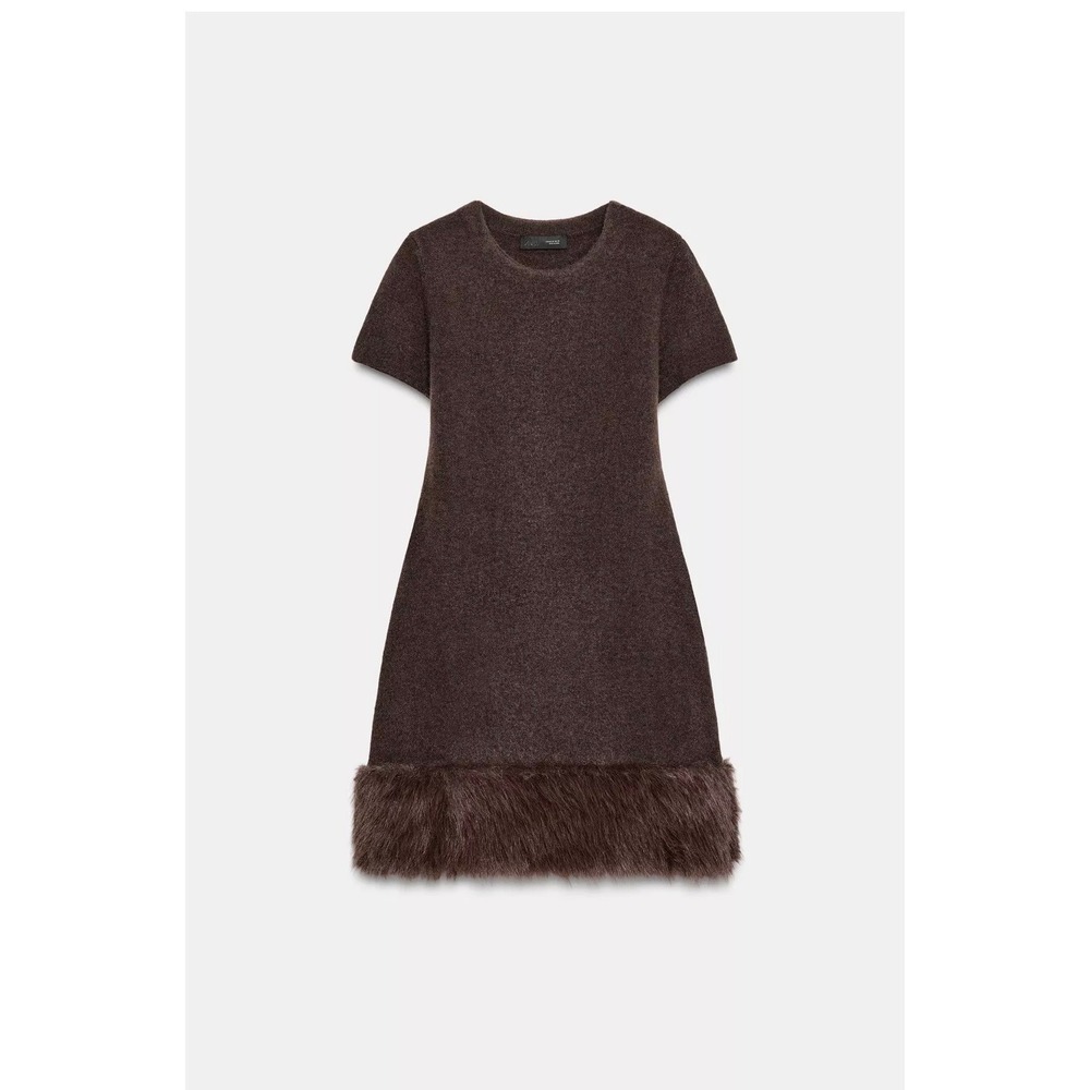 Zara Brown Wool Blend Faux Fur Trim Short Sleeve Fit & Flare Sweater Dress S
